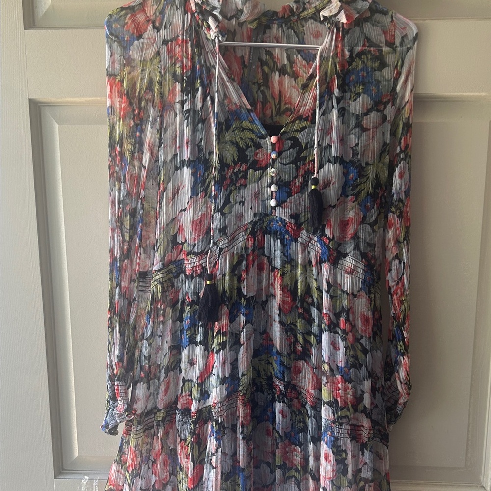 Anthropologie Floral High-Low Pleated Dress in Black, Pink, Blue, Green